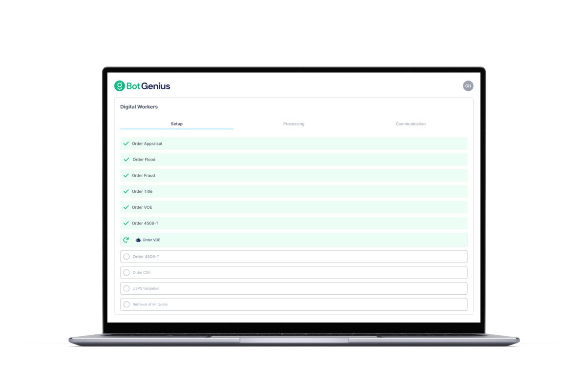 BotGenius improves mortgage operations with mortgage task automation and mortgage workflow automation. Mortgage bots for digital mortgage operations.